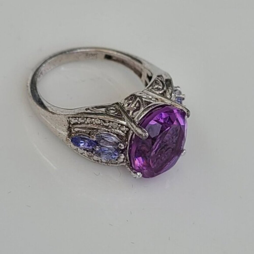 Vintage Boho Chunky Sterling Silver Purple Amethyst Tanzanite Oval Crystal Ring - Picture 5 of 8